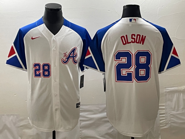 Men Atlanta Braves #28 Matt Olson White 2023 City Connect Cool Base With Patch Stitched Baseball Jersey
