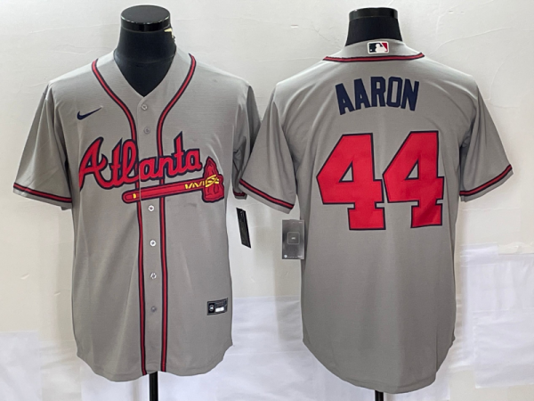 Men Atlanta Braves #44 Hank Aaron Grey Cool Base Stitched Jersey