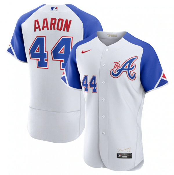 Men Atlanta Braves #44 Hank Aaron White 2023 City Connect Flex Base Stitched Jersey