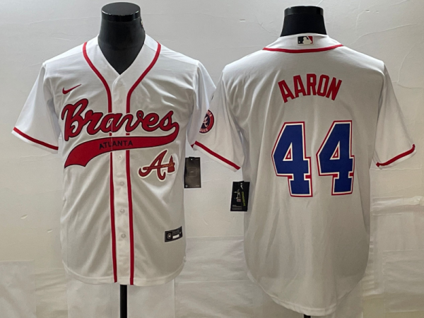 Men Atlanta Braves #44 Hank Aaron White Cool Base With Patch Stitched Baseball Jersey