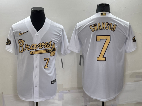 Men Atlanta Braves #7 Dansby Swanson 2022 All-Star White Cool Base Stitched Baseball Jersey