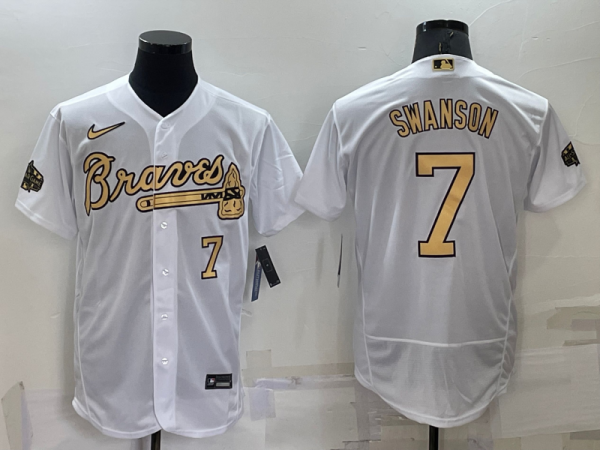 Men Atlanta Braves #7 Dansby Swanson 2022 All-Star White Flex Base Stitched Baseball Jersey