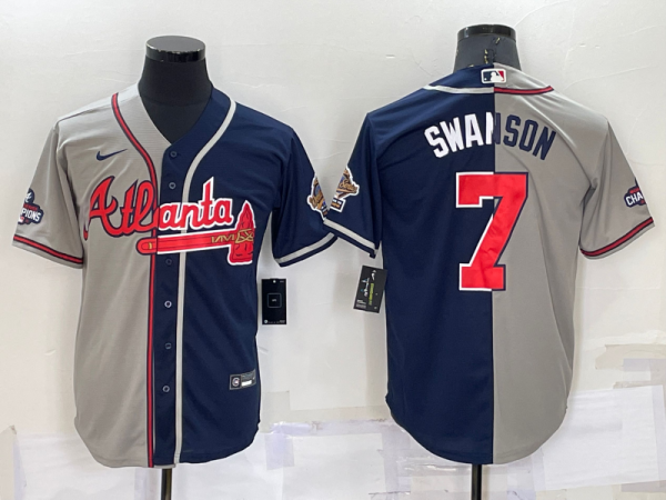 Men Atlanta Braves #7 Dansby Swanson Gray Navy Two Tone Split Cool Base Stitched Baseball Jersey
