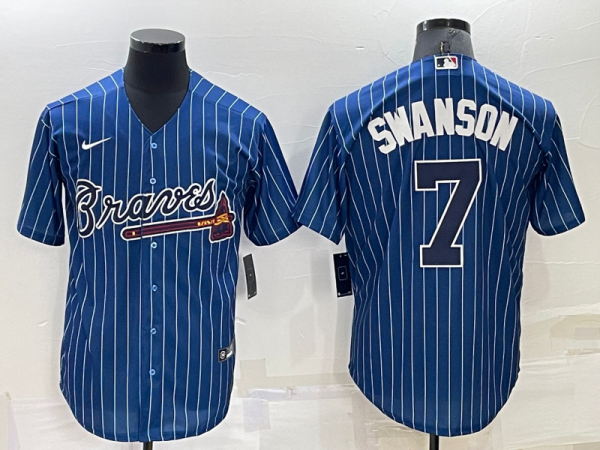 Men Atlanta Braves #7 Dansby Swanson Navy Cool Base Stitched Baseball Jersey
