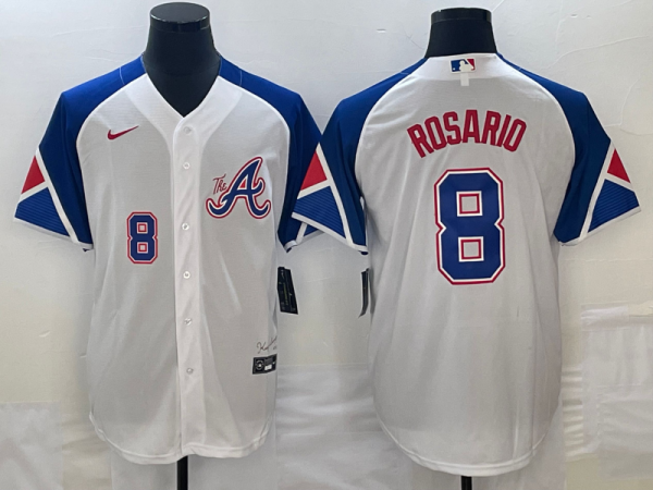 Men Atlanta Braves #8 Eddie Rosario White 2023 City Connect Cool Base With Patch Stitched Baseball Jersey