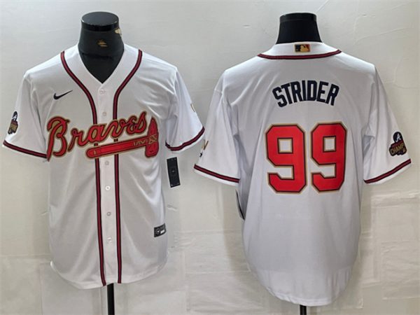 Men Atlanta Braves #99 Spencer Strider White/Gold World Series Champions Cool Base Stitched Baseball Jersey
