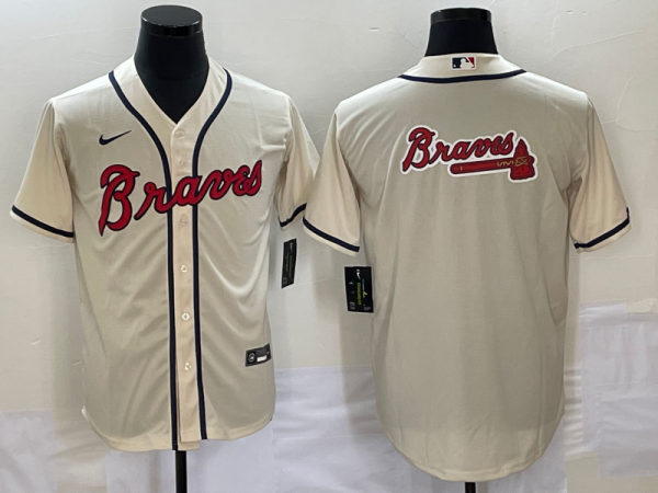 Men Atlanta Braves Cream Team Big Logo Cool Base Stitched Baseball Jersey