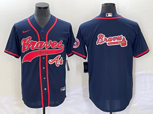Men Atlanta Braves Navy Team Big Logo Cool Base With Patch Stitched Baseball Jersey