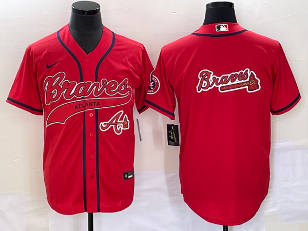 Men Atlanta Braves Red Team Big Logo Cool Base With Patch Stitched Baseball Jersey