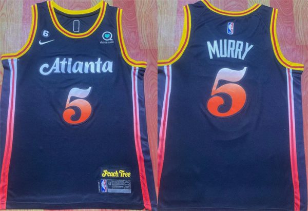 Men Atlanta Hawks #5 Dejounte Murray Black 2022/23 City Edition With NO.6 Patch Stitched Jersey