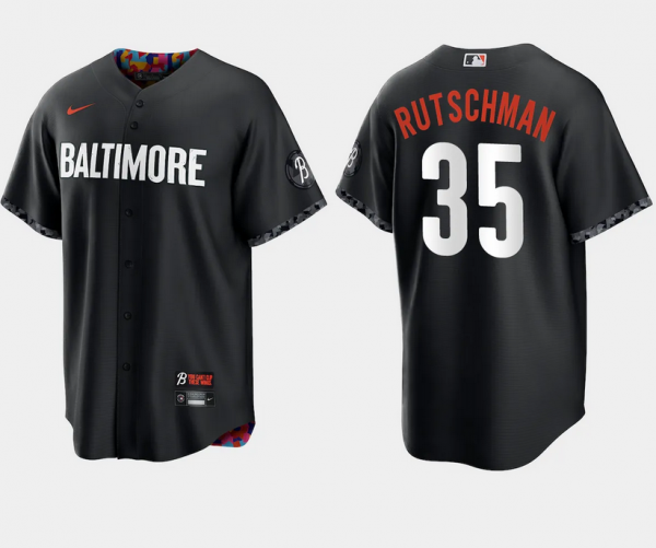 Men Baltimore Orioles #35 Adley Rutschman Black 2023 City Connect Cool Base Stitched Baseball Jersey