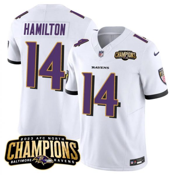 Men Baltimore Ravens #14 Kyle Hamilton White 2023 F.U.S.E. AFC North Champions Vapor Limited Football Jersey