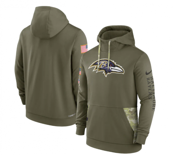 Men Baltimore Ravens 2022 Olive Salute to Service Therma Performance Pullover Hoodie