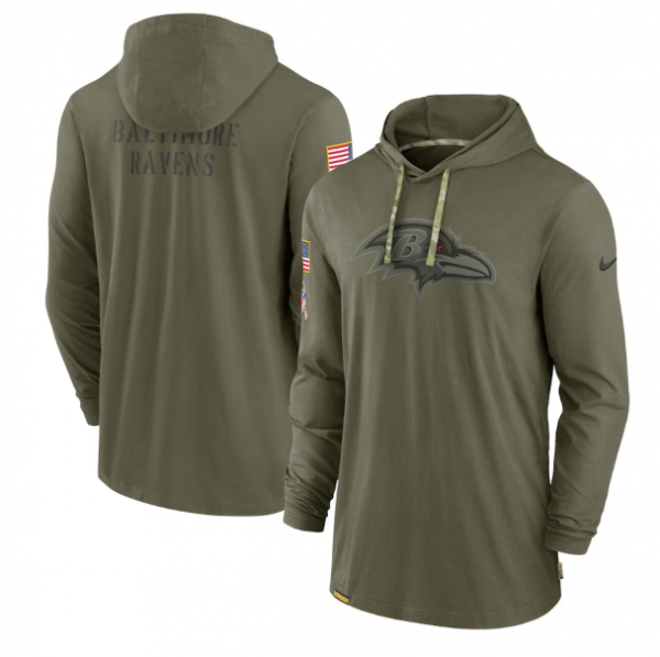 Men Baltimore Ravens 2022 Olive Salute to Service Tonal Pullover Hoodie