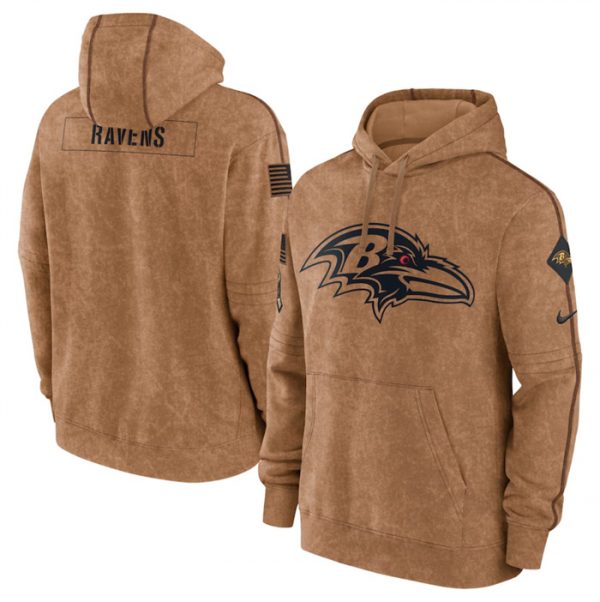 Men Baltimore Ravens 2023 Brown Salute to Service Pullover Hoodie