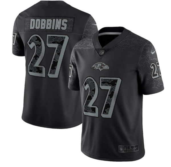 Men Baltimore Ravens #27 J.K. Dobbins Black Reflective Limited Stitched Football Jersey