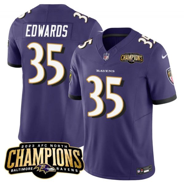 Men Baltimore Ravens #35 Gus Edwards Purple 2023 F.U.S.E. AFC North Champions Vapor Limited Football Jersey