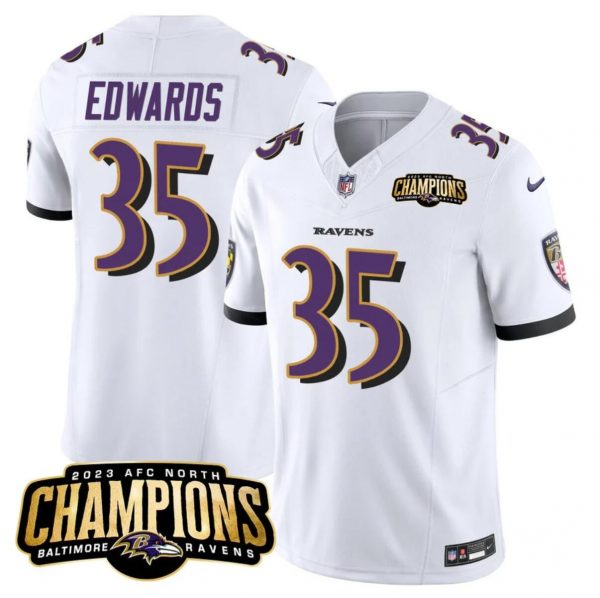 Men Baltimore Ravens #35 Gus Edwards White 2023 F.U.S.E. AFC North Champions Vapor Limited Football Jersey