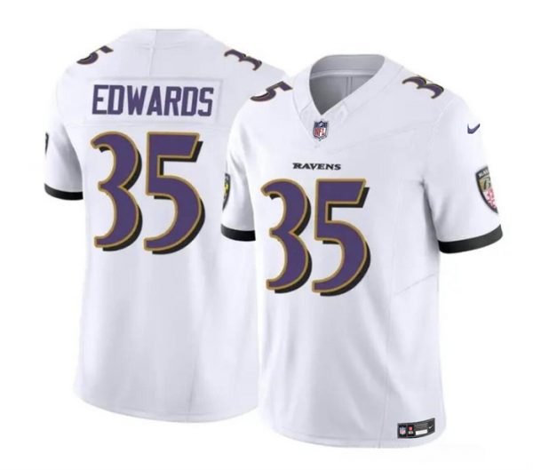 Men Baltimore Ravens #35 Gus Edwards White 2023 F.U.S.E. Vapor Limited Football Jersey