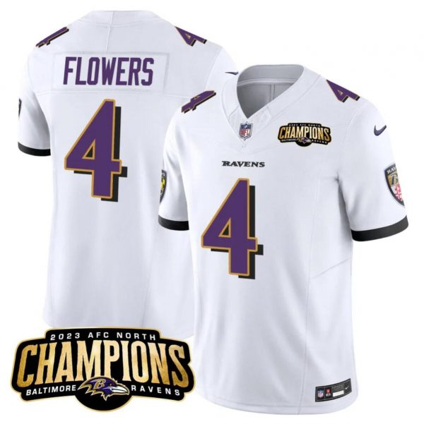 Men Baltimore Ravens #4 Zay Flowers White 2023 F.U.S.E. AFC North Champions Vapor Limited Football Jersey
