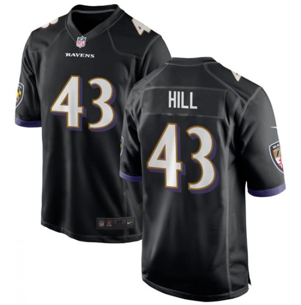 Men Baltimore Ravens #43 Justice Hill Black Game Football Jersey