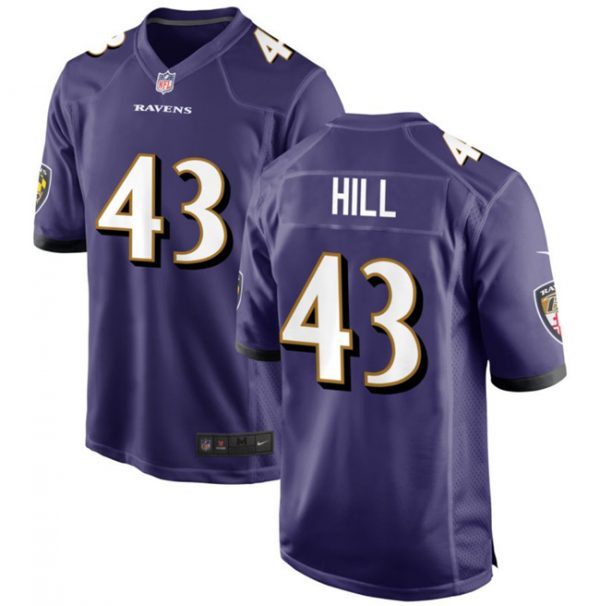 Men Baltimore Ravens #43 Justice Hill Purple Game Football Jersey