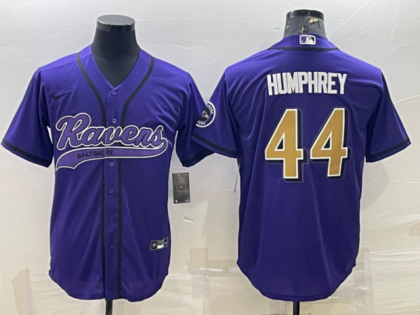 Men Baltimore Ravens #44 Marlon Humphrey Purple Gold With Patch Cool Base Stitched Baseball Jersey