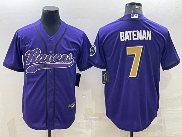 Men Baltimore Ravens #7 Rashod Bateman Purple Gold With Patch Cool Base Stitched Baseball Jersey