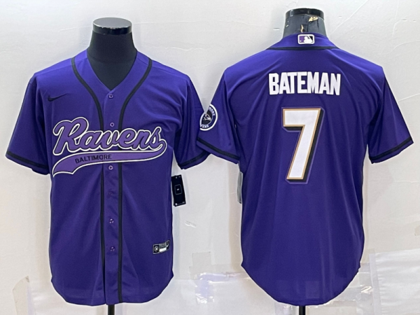 Men Baltimore Ravens #7 Rashod Bateman Purple With Patch Cool Base Stitched Baseball Jersey