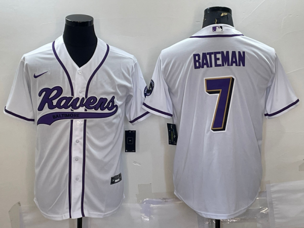 Men Baltimore Ravens #7 Rashod Bateman White With Patch Cool Base Stitched Baseball Jersey