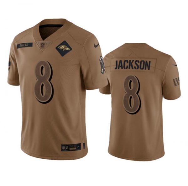 Men Baltimore Ravens #8 Lamar Jackson 2023 Brown Salute To Service Limited Jersey