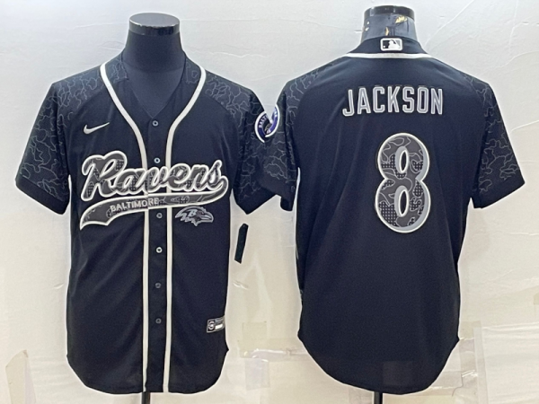 Men Baltimore Ravens #8 Lamar Jackson Black Reflective With Patch Cool Base Stitched Baseball Jersey