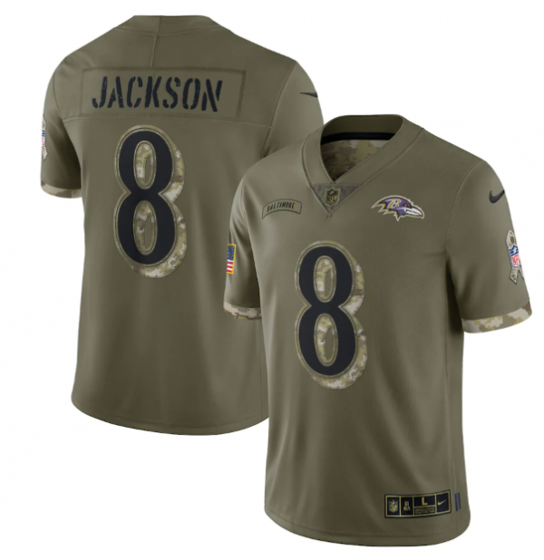 Men Baltimore Ravens #8 Lamar Jackson Olive 2022 Salute To Service Limited Stitched Jersey