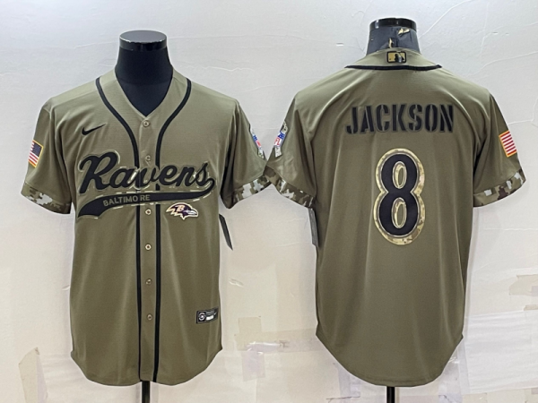 Men Baltimore Ravens #8 Lamar Jackson Olive 2022 Salute to Service Cool Base Stitched Baseball Jersey