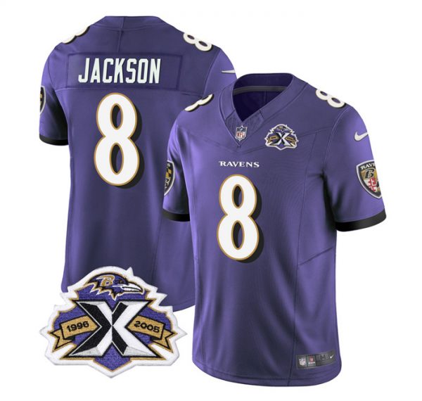Men Baltimore Ravens #8 Lamar Jackson Purple 2023 F.U.S.E With Patch Throwback Vapor Limited Jersey