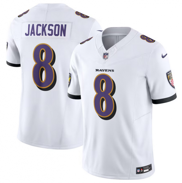 Men Baltimore Ravens #8 Lamar Jackson White 2023 F.U.S.E Vapor Jersey