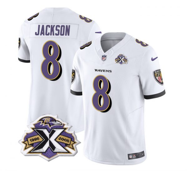 Men Baltimore Ravens #8 Lamar Jackson White 2023 F.U.S.E With Patch Throwback Vapor Limited Jersey
