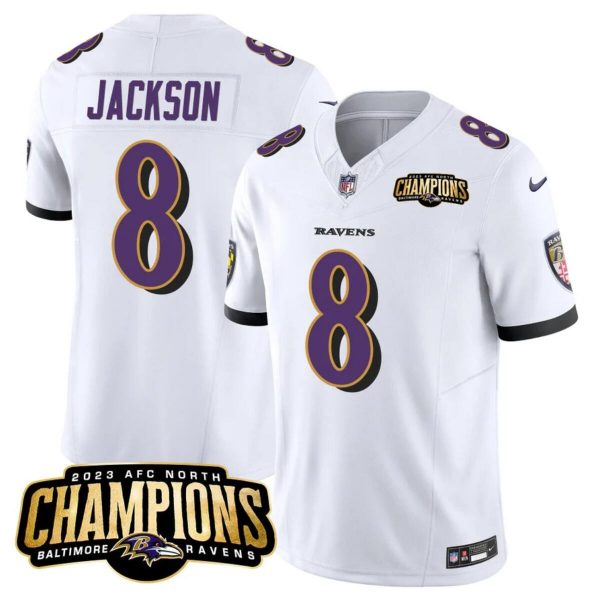 Men Baltimore Ravens #8 Lamar Jackson White 2023 F.U.S.E. AFC North Champions Vapor Limited Football Jersey