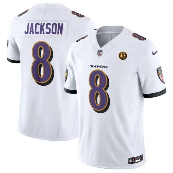 Men Baltimore Ravens #8 Lamar Jackson White 2023 F.U.S.E. With John Madden Patch Vapor Limited Football Jersey