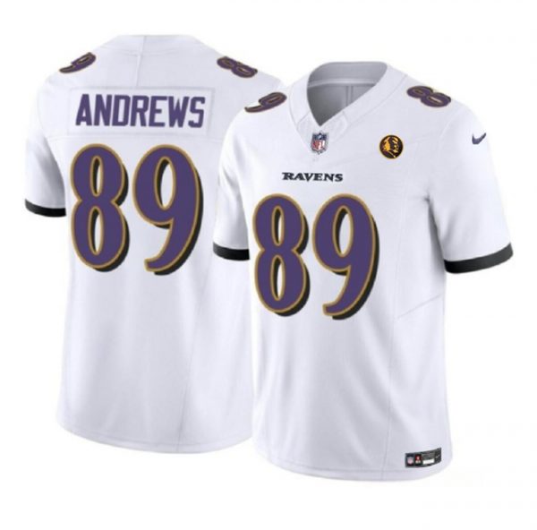 Men Baltimore Ravens #89 Mark Andrews White 2023 F.U.S.E. With John Madden Patch Vapor Limited Stitched Football Jersey