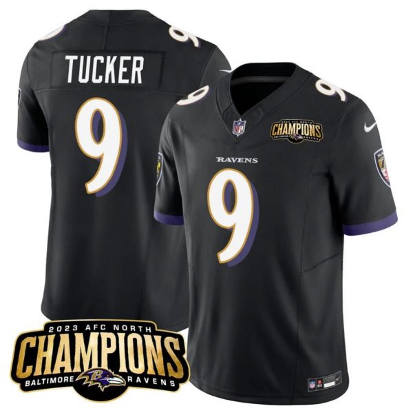 Men Baltimore Ravens #9 Justin Tucker Black 2023 F.U.S.E. AFC North Champions Vapor Limited Football Jersey