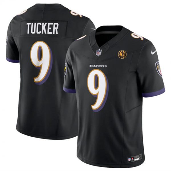 Men Baltimore Ravens #9 Justin Tucker Black 2023 F.U.S.E. With John Madden Patch Vapor Limited Stitched Football Jersey