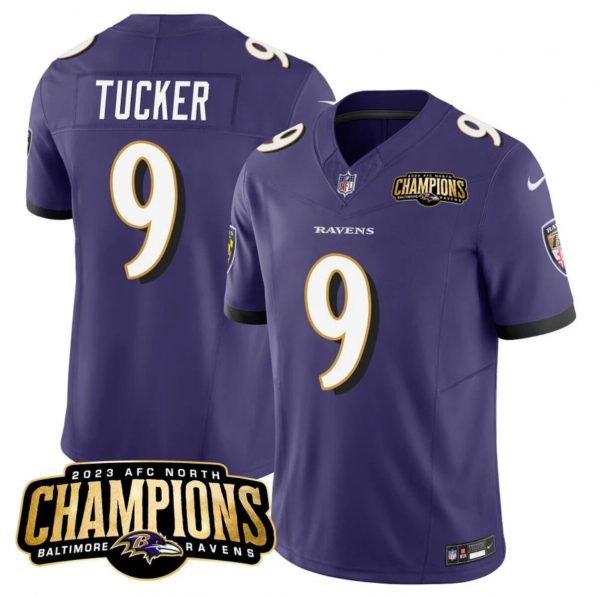 Men Baltimore Ravens #9 Justin Tucker Purple 2023 F.U.S.E. AFC North Champions Vapor Limited Football Jersey