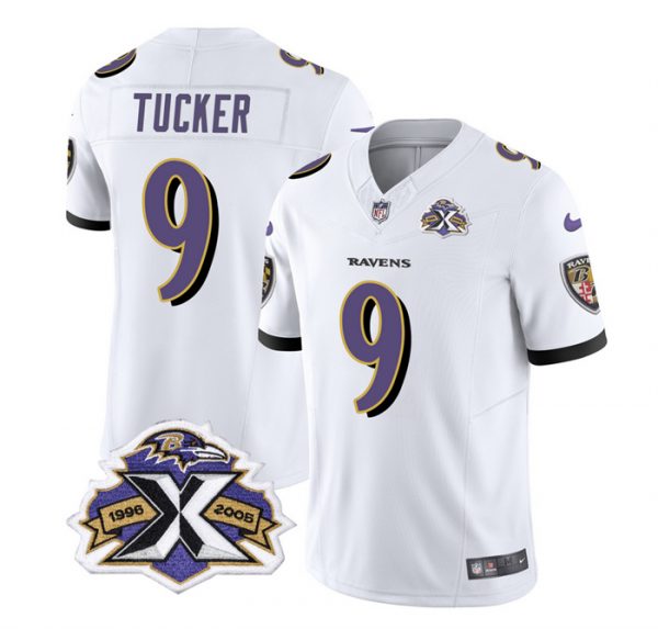 Men Baltimore Ravens #9 Justin Tucker White 2023 F.U.S.E With Patch Throwback Vapor Limited Jersey