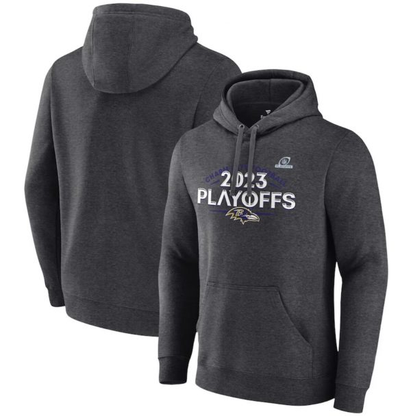 Men Baltimore Ravens Heather Charcoal 2023 Playoffs Fleece Pullover Hoodie