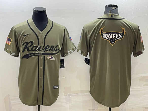 Men Baltimore Ravens Olive Salute to Service Team Big Logo Cool Base Stitched Baseball Jersey