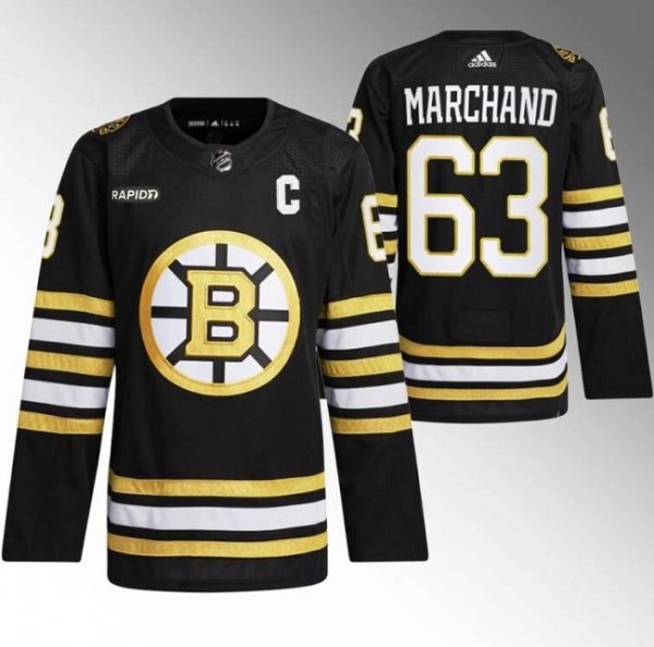 Men Boston Bruins #63 Brad Marchand Black With Rapid7 Patch 100th Anniversary Stitched Jersey
