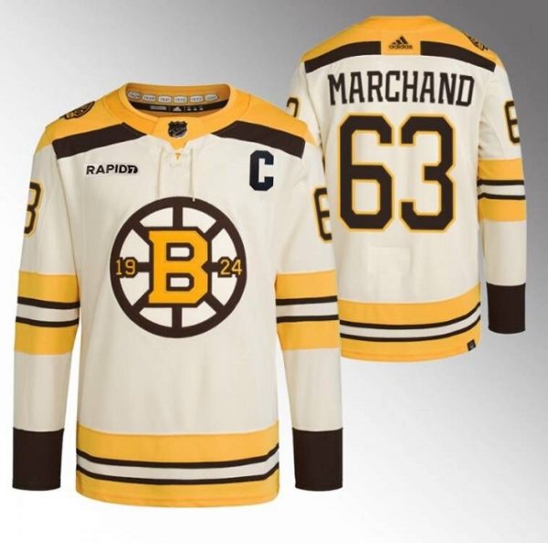 Men Boston Bruins #63 Brad Marchand Cream With Rapid7 Patch 100th Anniversary Stitched Jersey