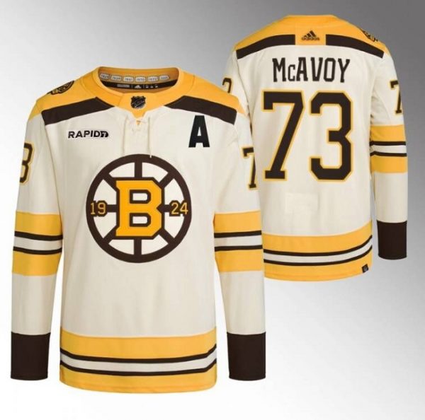 Men Boston Bruins #73 Charlie McAvoy Cream With Rapid7 Patch 100th Anniversary Stitched Jersey