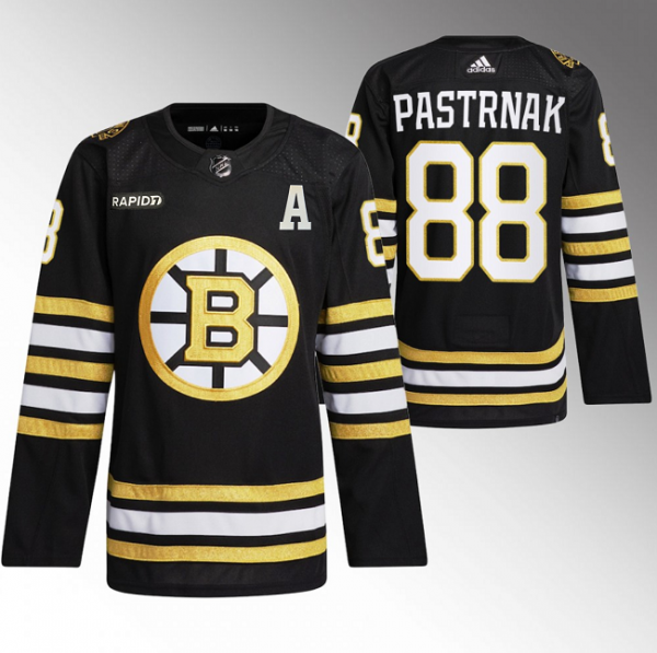 Men Boston Bruins #88 David Pastrnak Black With Rapid7 Patch 100th Anniversary Stitched Jersey